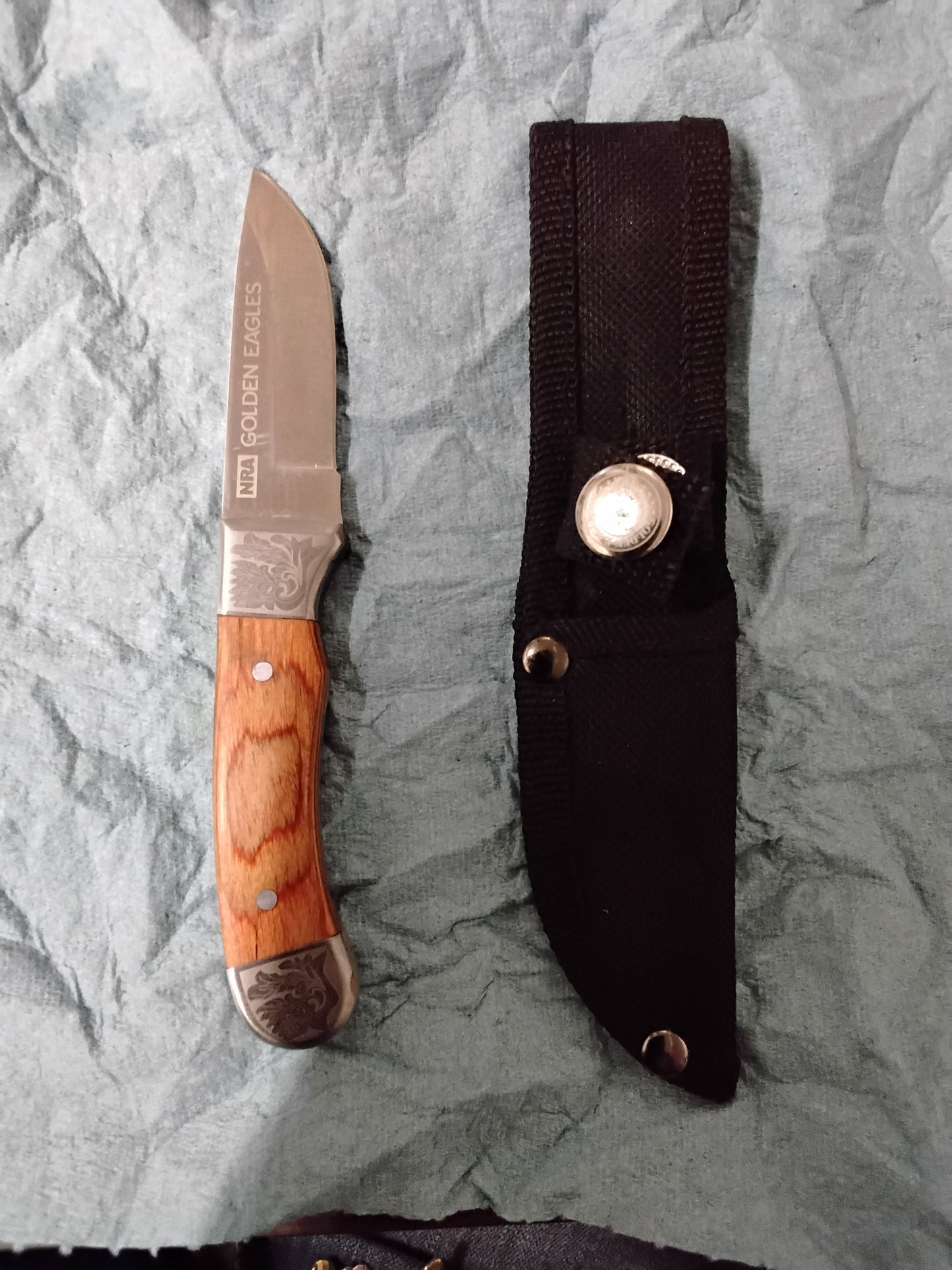 NRA Fixed Blade Knife w Sheath Wood National Rifle Association Golden Eagles