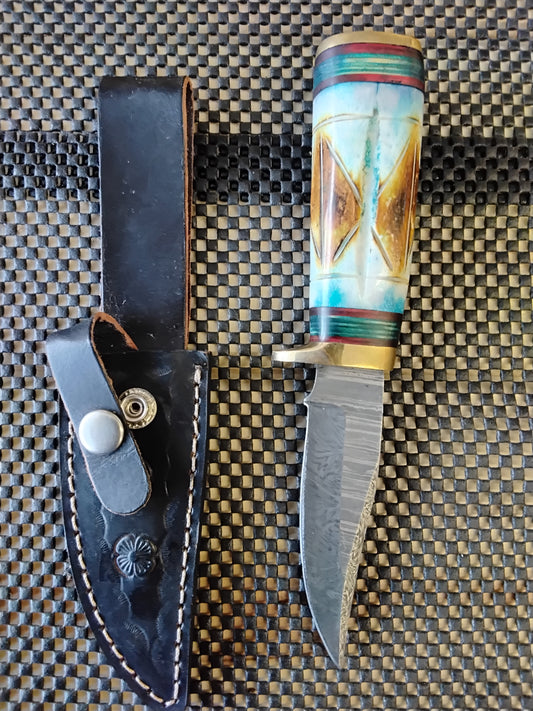 Damascus knife, multi colored handle