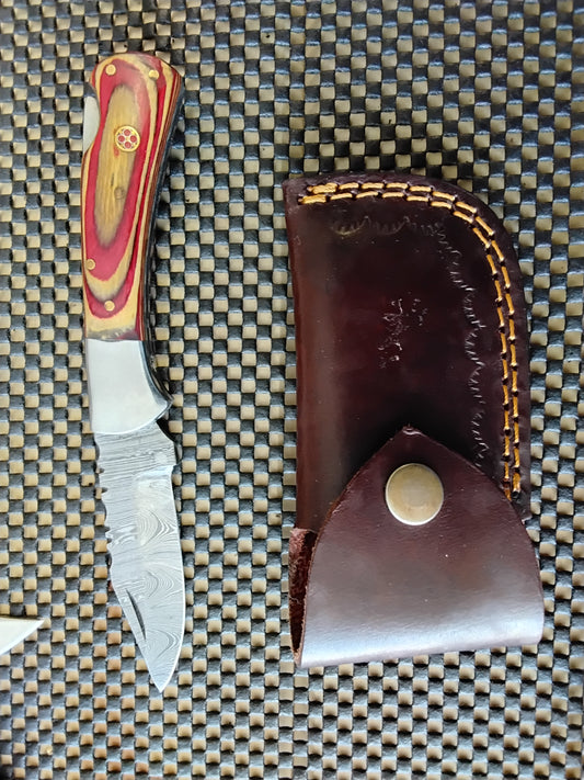 Damascus folding pocket knife, red handle(sold)