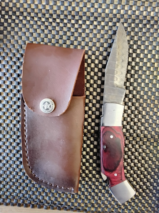 Damascus folding pocket knife, maroon handle